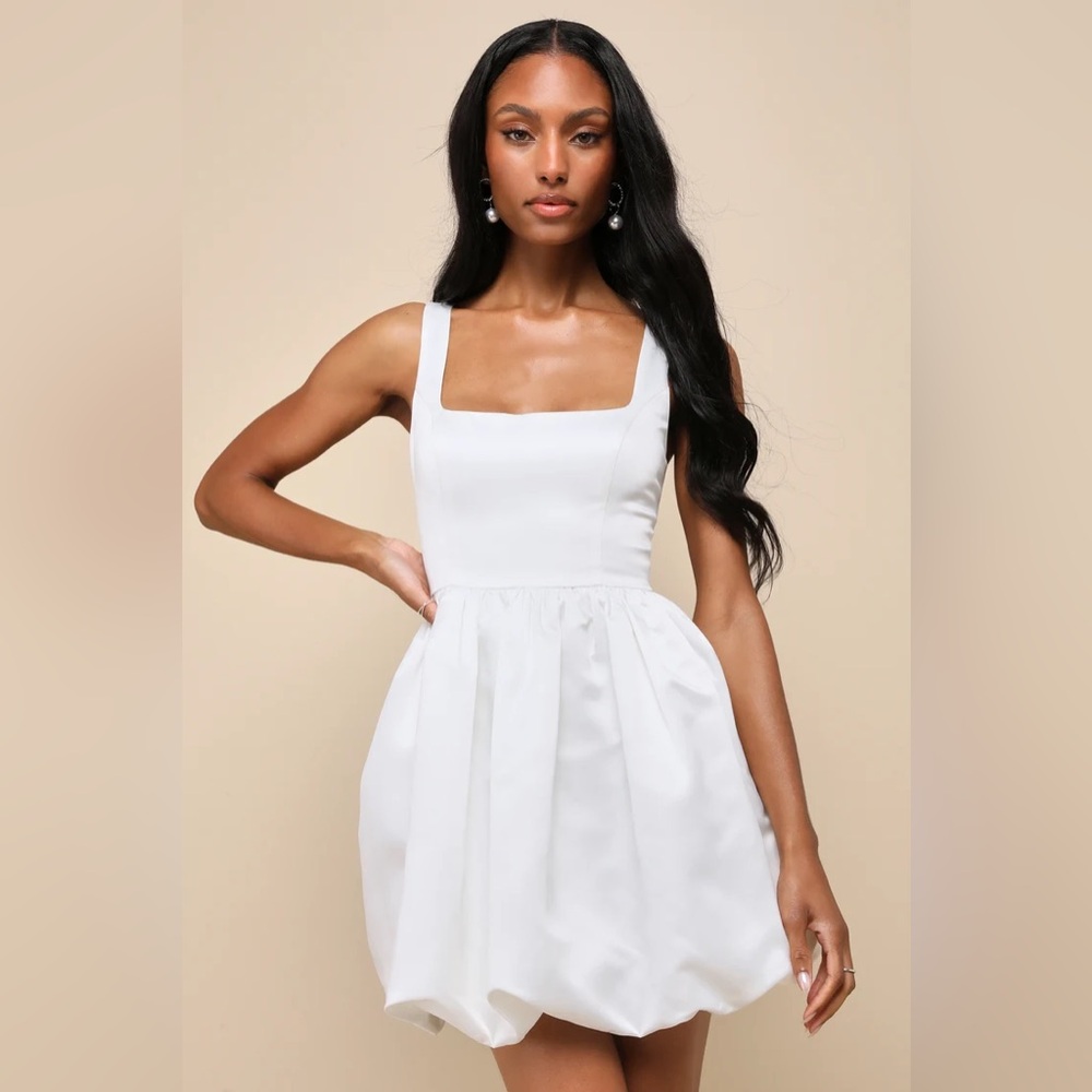 Lulus Regal Cutie White Satin Square Neck Bubble-Hem Mini Dress